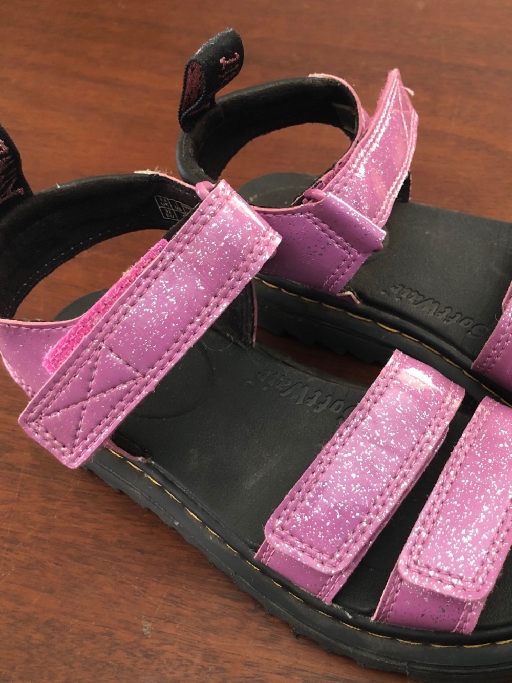 Cosmic pink sparkly Dr. Martens Klaire J sandal, size kids 1